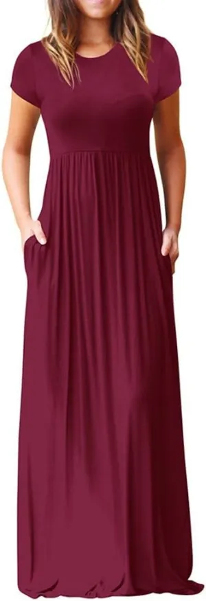 Kubbon Women's Short Sleeve Maxi Dresses Casual Empire Waist Long Dress Loose Plain Dress Vacation Long Dresses with Pocket