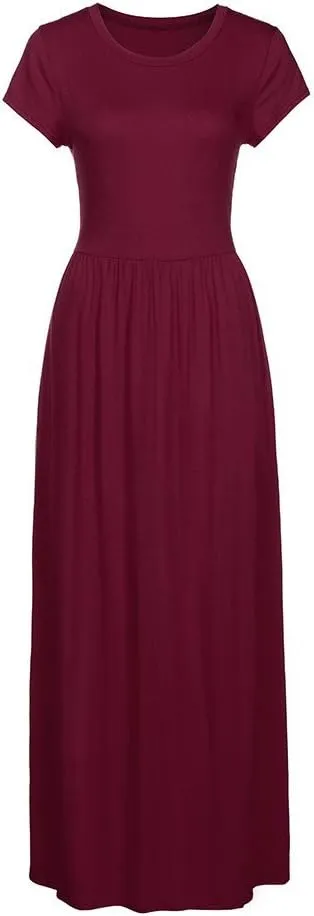 Kubbon Women's Short Sleeve Maxi Dresses Casual Empire Waist Long Dress Loose Plain Dress Vacation Long Dresses with Pocket