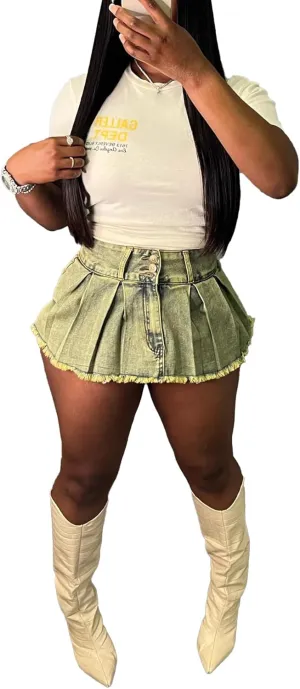 LETSVDO Women's Denim Skorts Skirts High Waisted Y2k Pleated Ruffle A Line Frayed Flare Sexy Jean Mini Skirt Shorts