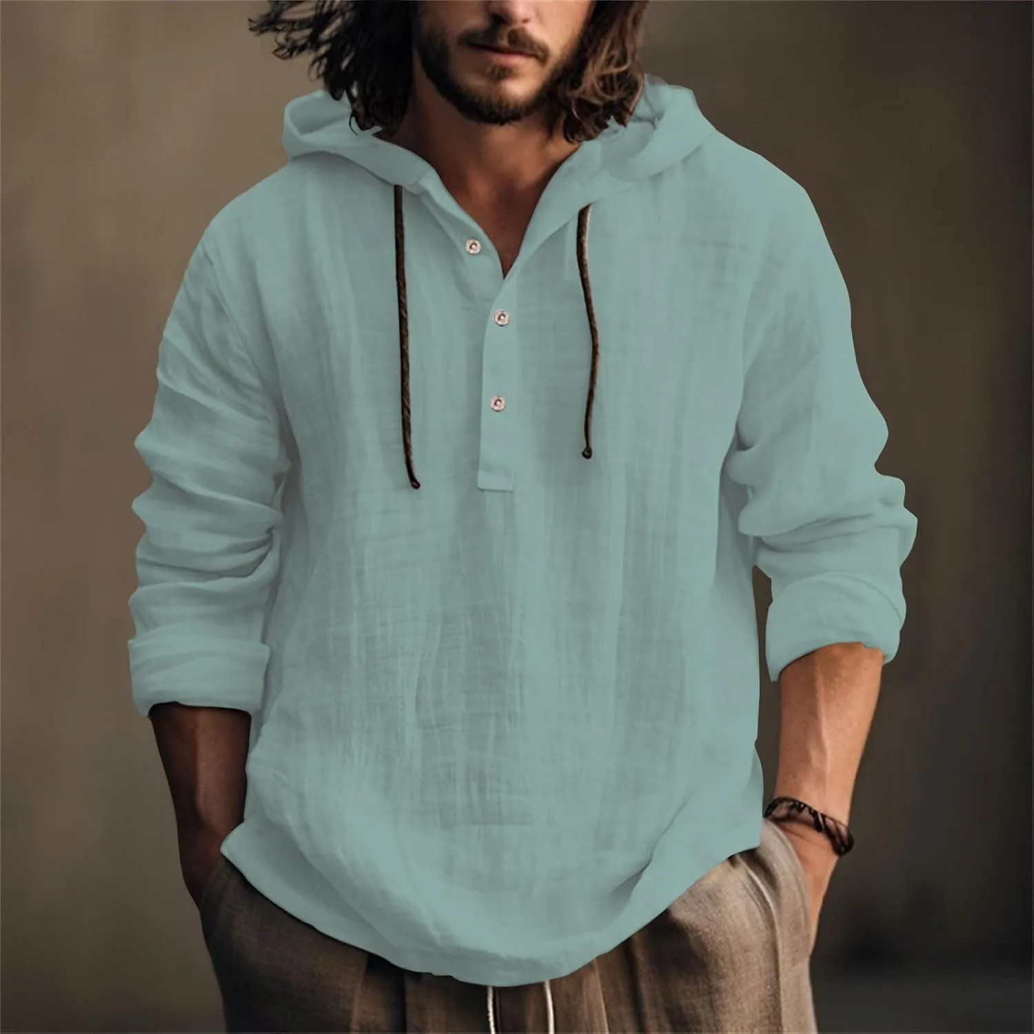 Linen Hoodie Men Spring Fashion 2025 Long Sleeve Button Up Holiday Casual Hawaiian Yoga Beach Hooded Sweatshirts