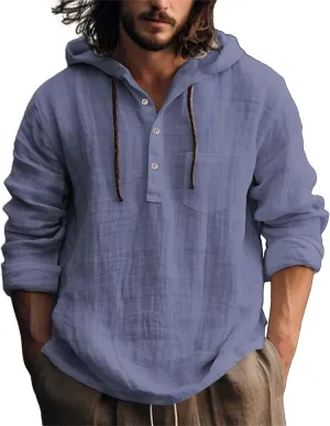 Linen Shirts for Men Lightweight Button Up Long Sleeve Hoodies Sweatshirts Lightweight Hawaiian Beach Hippie Shirt