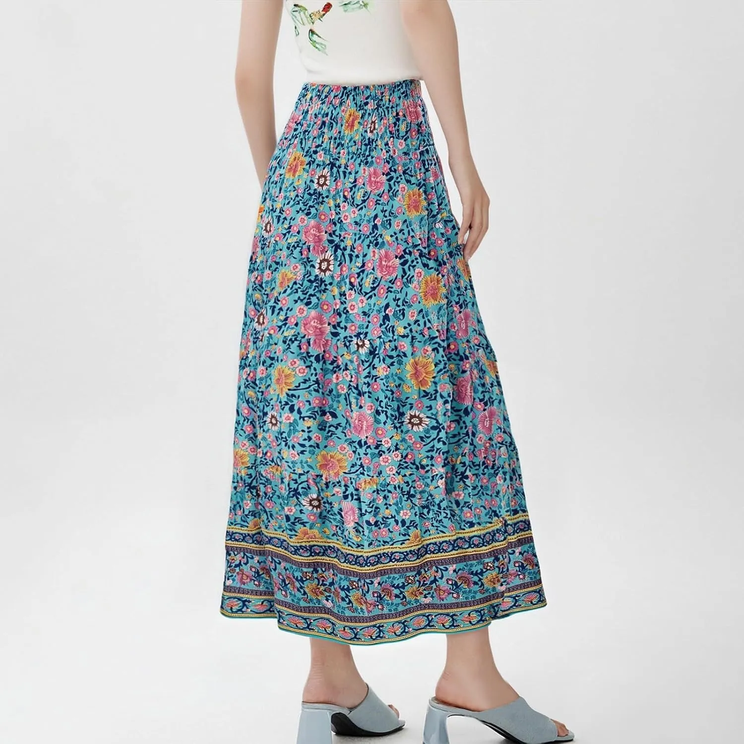 Long Skirts for Women Floral Print High Waist Folded A-line Trumpet Long Skirts Casual Half Body Skirt