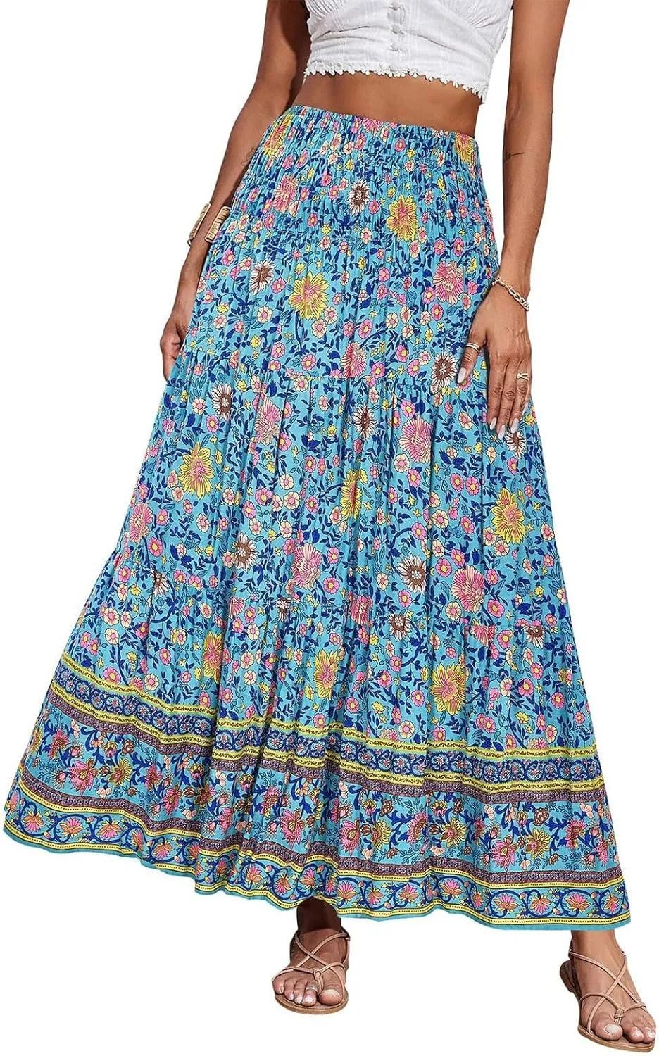 Long Skirts for Women Floral Print High Waist Folded A-line Trumpet Long Skirts Casual Half Body Skirt