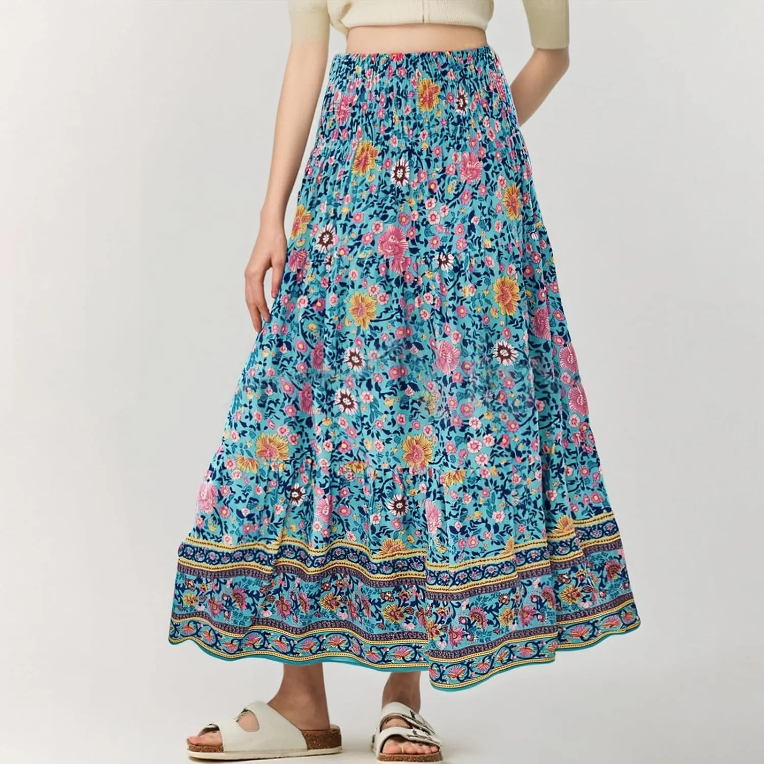 Long Skirts for Women Floral Print High Waist Folded A-line Trumpet Long Skirts Casual Half Body Skirt