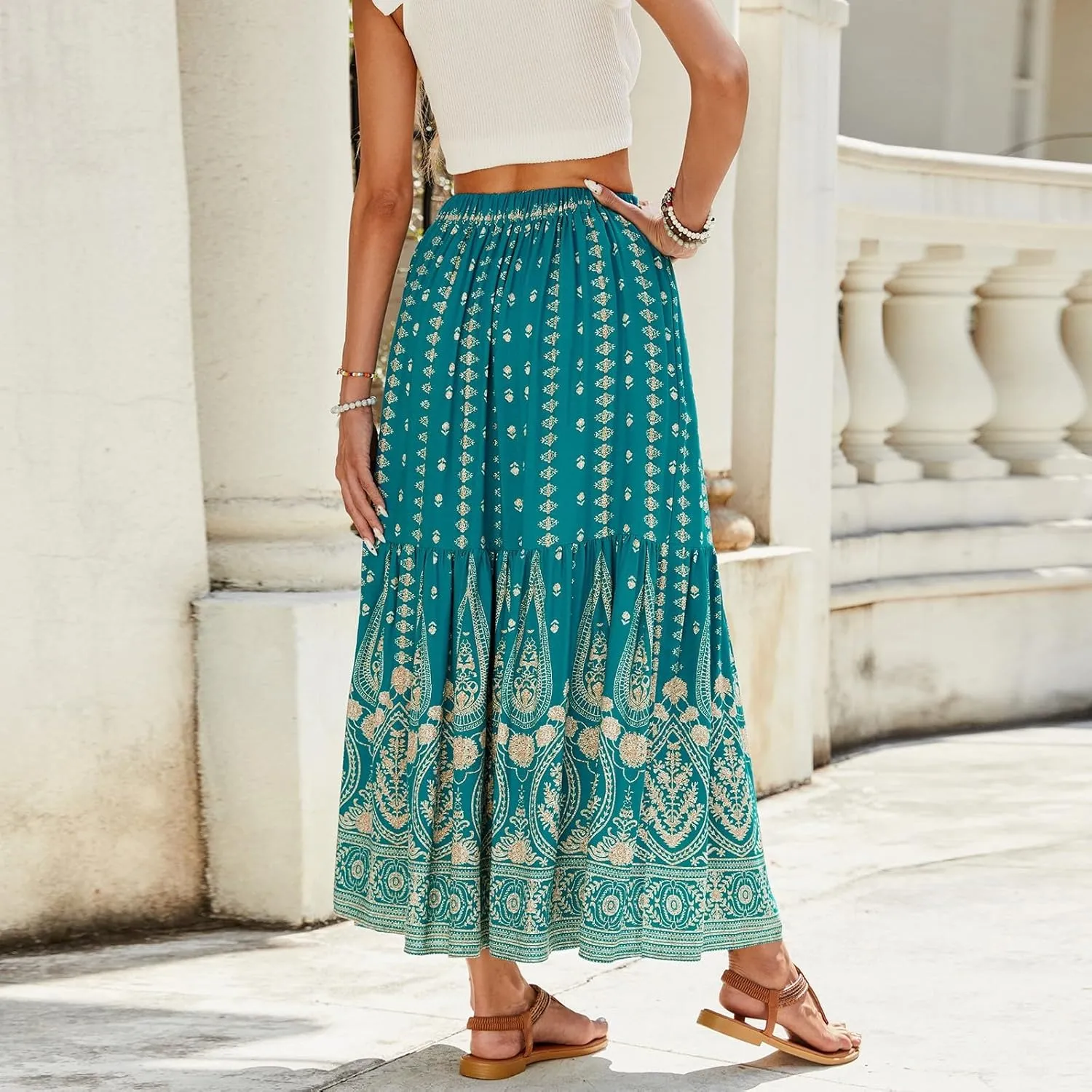 Long Skirts for Women,Wrap Drawstring Tiered Flowy Maxi Skirts 2025 Trendy Side Pockets Boho Skirt Spring Summer
