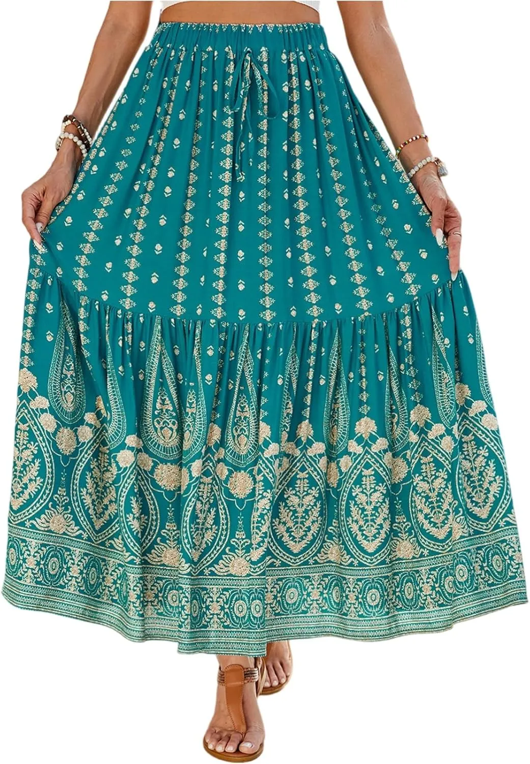 Long Skirts for Women,Wrap Drawstring Tiered Flowy Maxi Skirts 2025 Trendy Side Pockets Boho Skirt Spring Summer