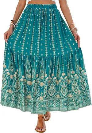 Long Skirts for Women,Wrap Drawstring Tiered Flowy Maxi Skirts 2025 Trendy Side Pockets Boho Skirt Spring Summer