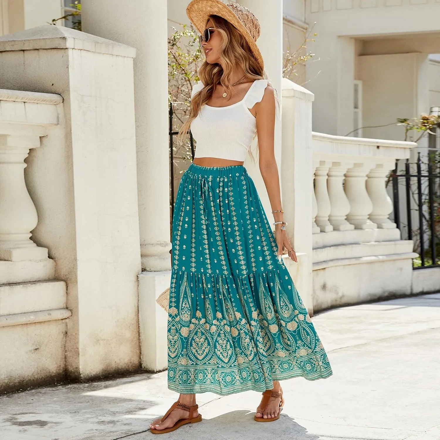 Long Skirts for Women,Wrap Drawstring Tiered Flowy Maxi Skirts 2025 Trendy Side Pockets Boho Skirt Spring Summer