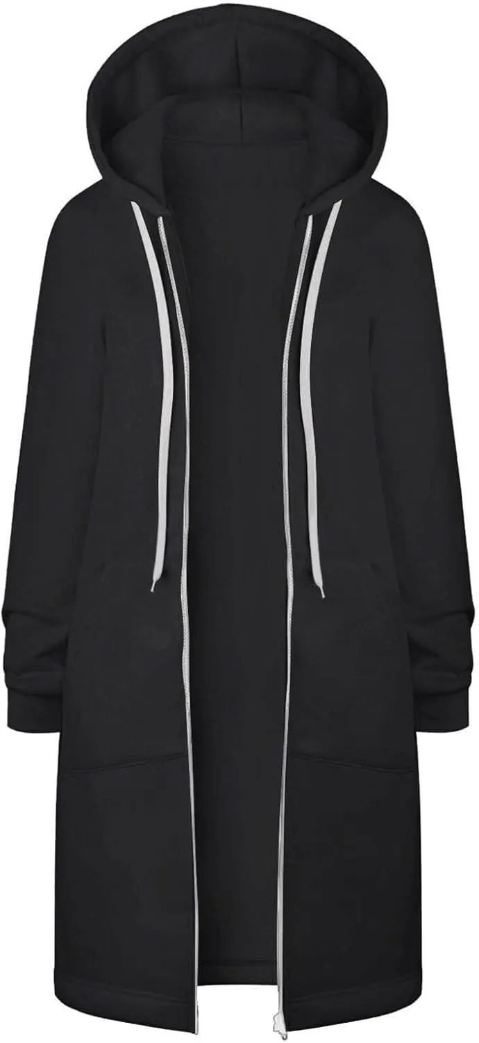 Long Sleeve Hoodies for Women Mid Length Solid Fleece Sweater Lightweight Zip Up Sweatshirts with Pockets