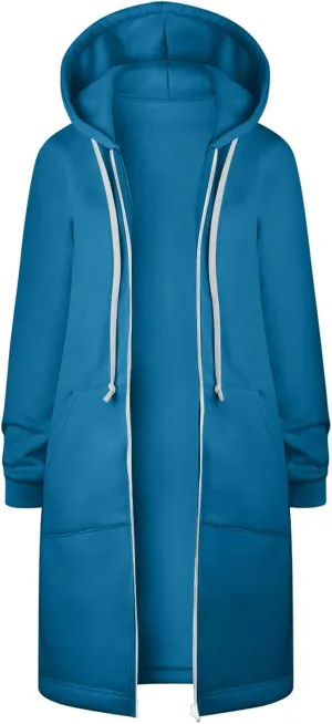 Long Sleeve Hoodies for Women Mid Length Solid Fleece Sweater Lightweight Zip Up Sweatshirts with Pockets
