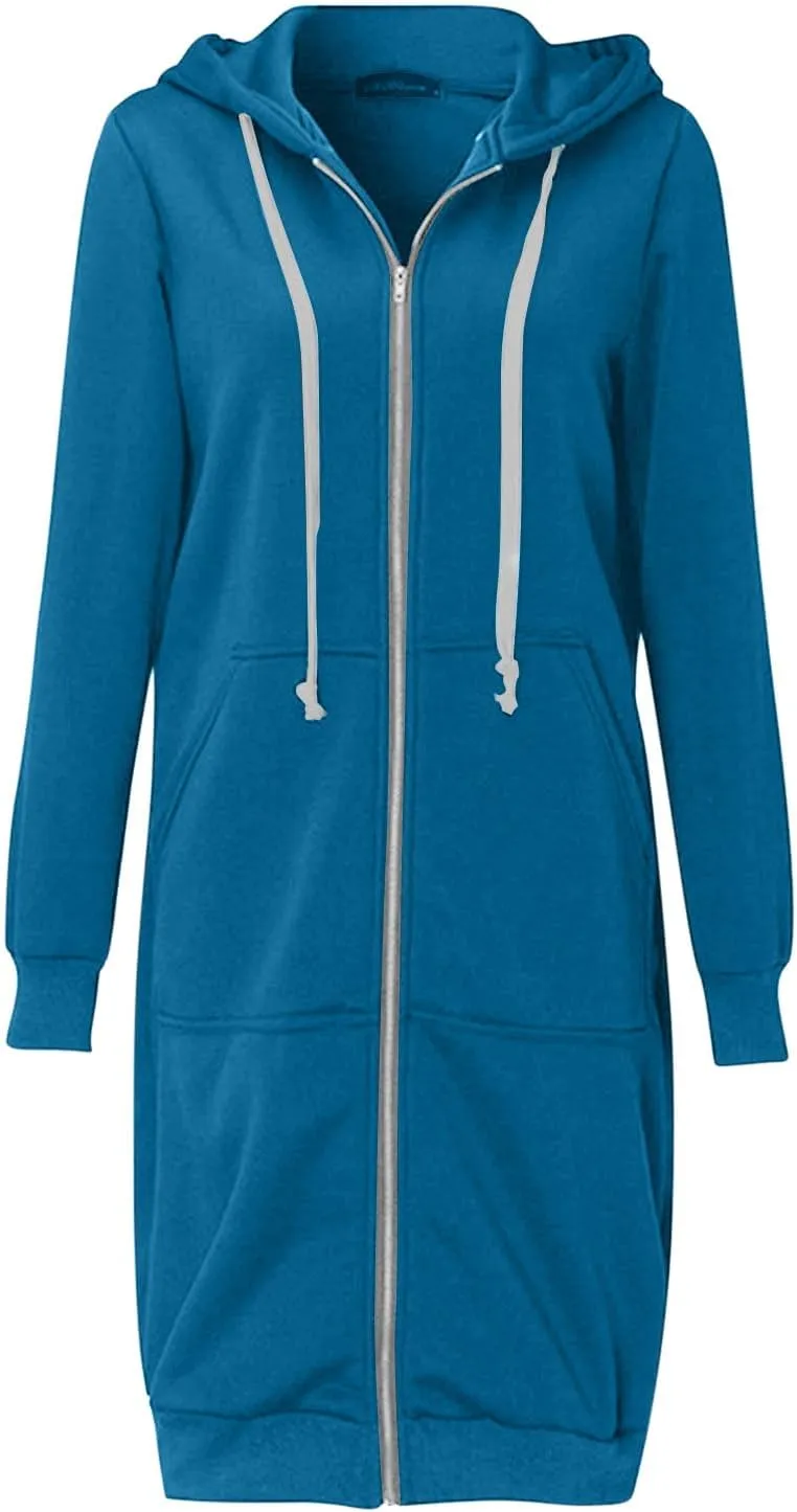 Long Sleeve Hoodies for Women Mid Length Solid Fleece Sweater Lightweight Zip Up Sweatshirts with Pockets