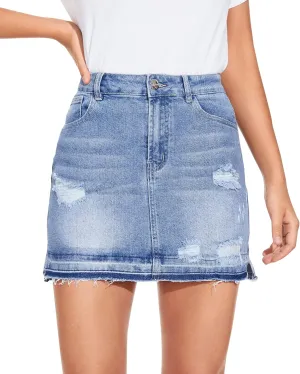 LONGYIDA Women's Denim Mini Skirt Ripped Frayed Hem Jean Skirt High Waisted Split Stretch Denim Skirt
