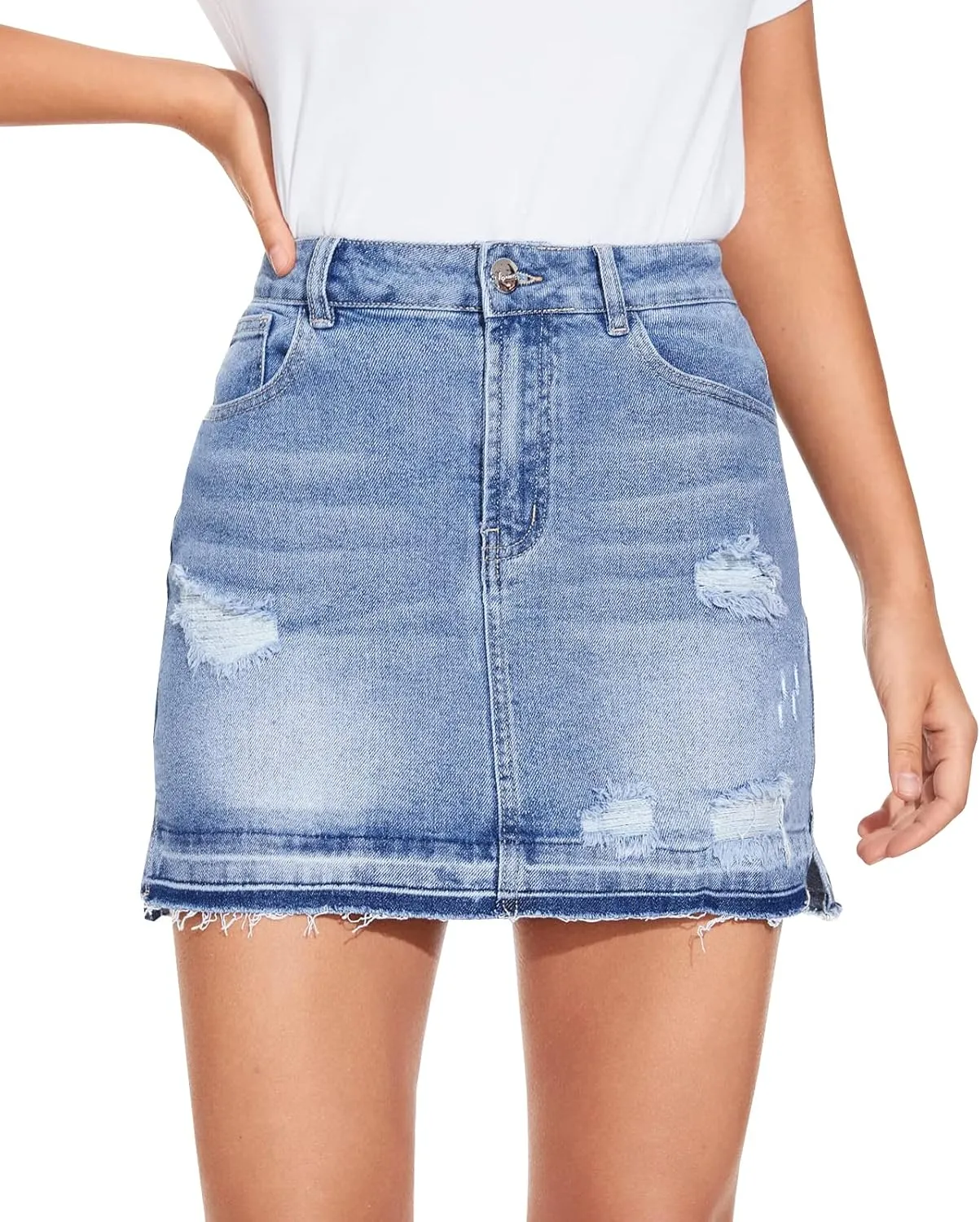 LONGYIDA Women's Denim Mini Skirt Ripped Frayed Hem Jean Skirt High Waisted Split Stretch Denim Skirt