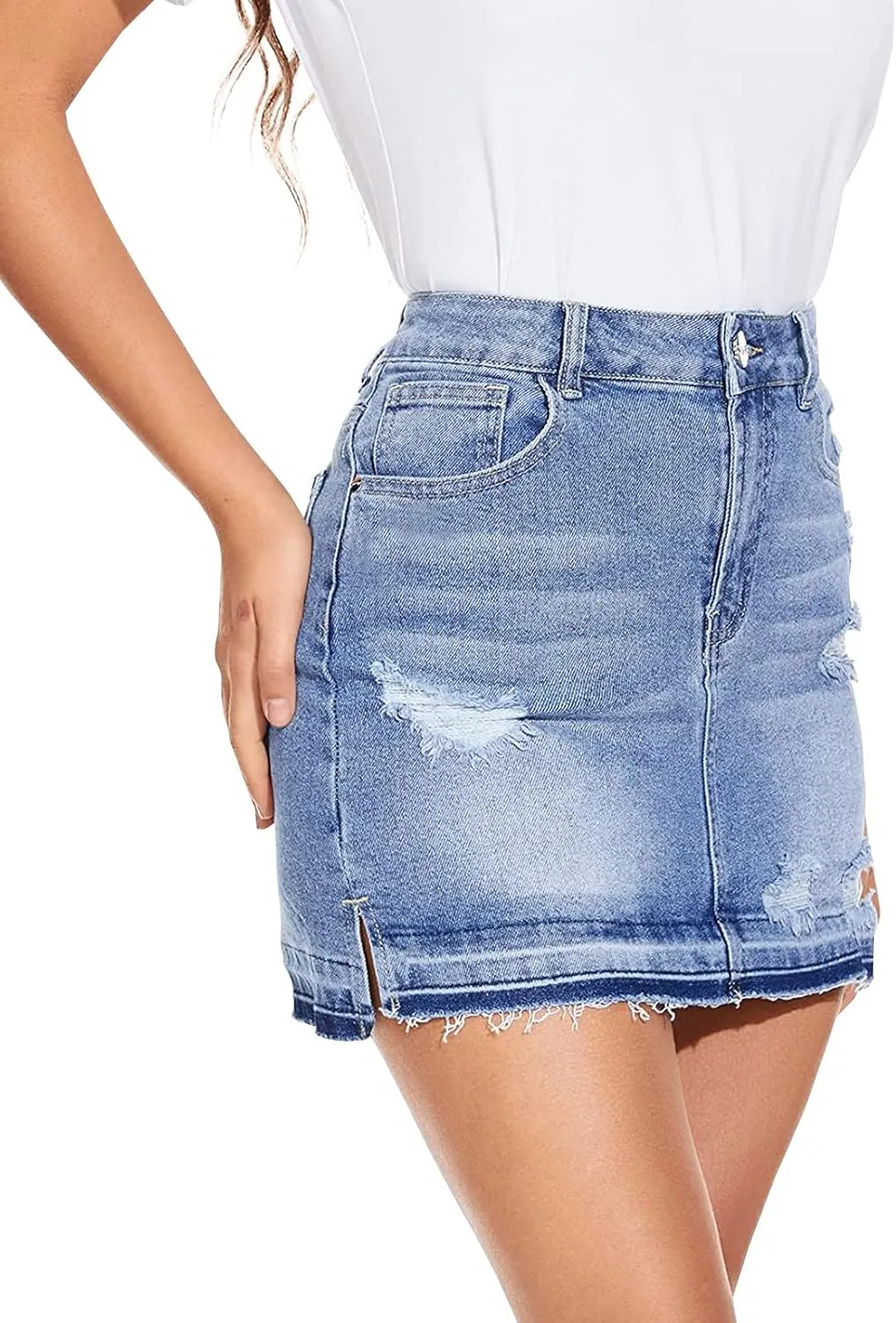 LONGYIDA Women's Denim Mini Skirt Ripped Frayed Hem Jean Skirt High Waisted Split Stretch Denim Skirt
