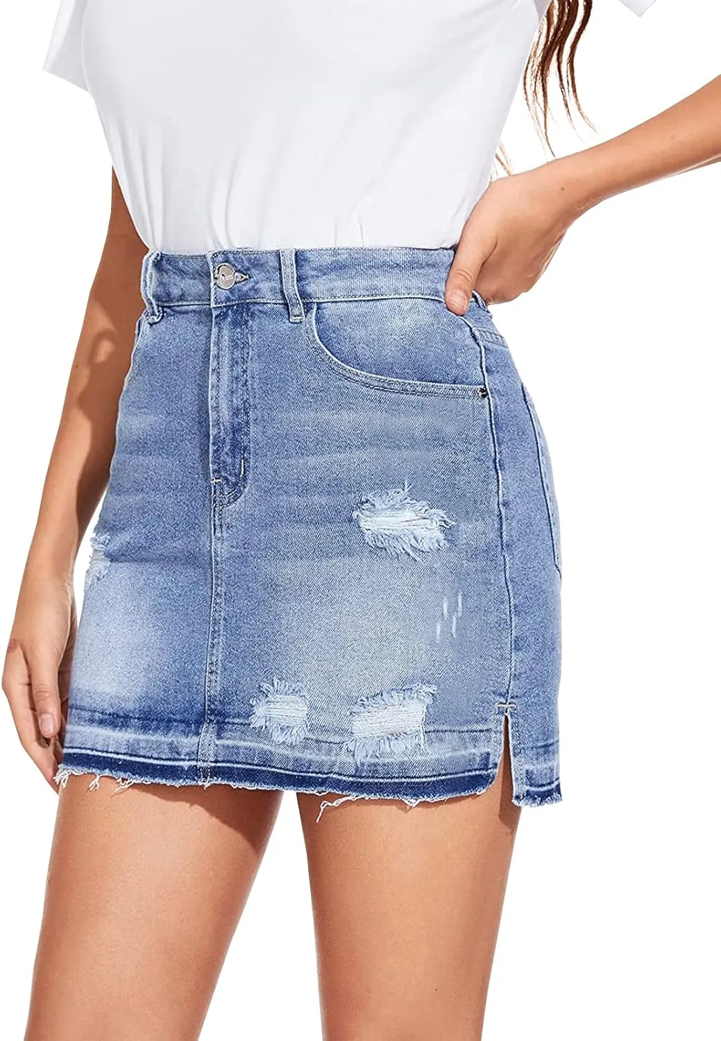 LONGYIDA Women's Denim Mini Skirt Ripped Frayed Hem Jean Skirt High Waisted Split Stretch Denim Skirt