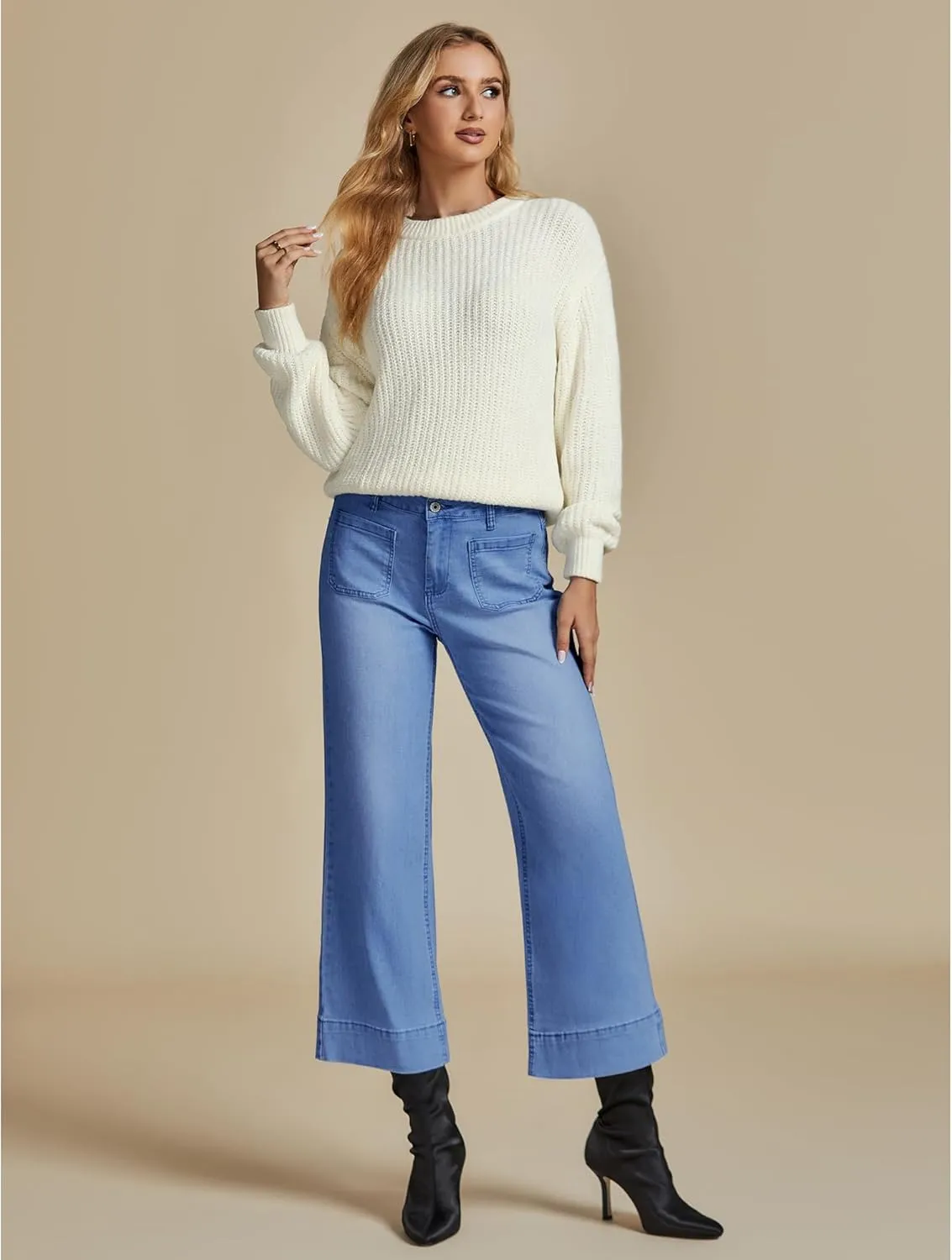 LookbookStore Wide Leg Cropped Jeans for Women High Waisted Stretchy Denim Jean Pants Baggy Flare Trouser Jeans Pockets
