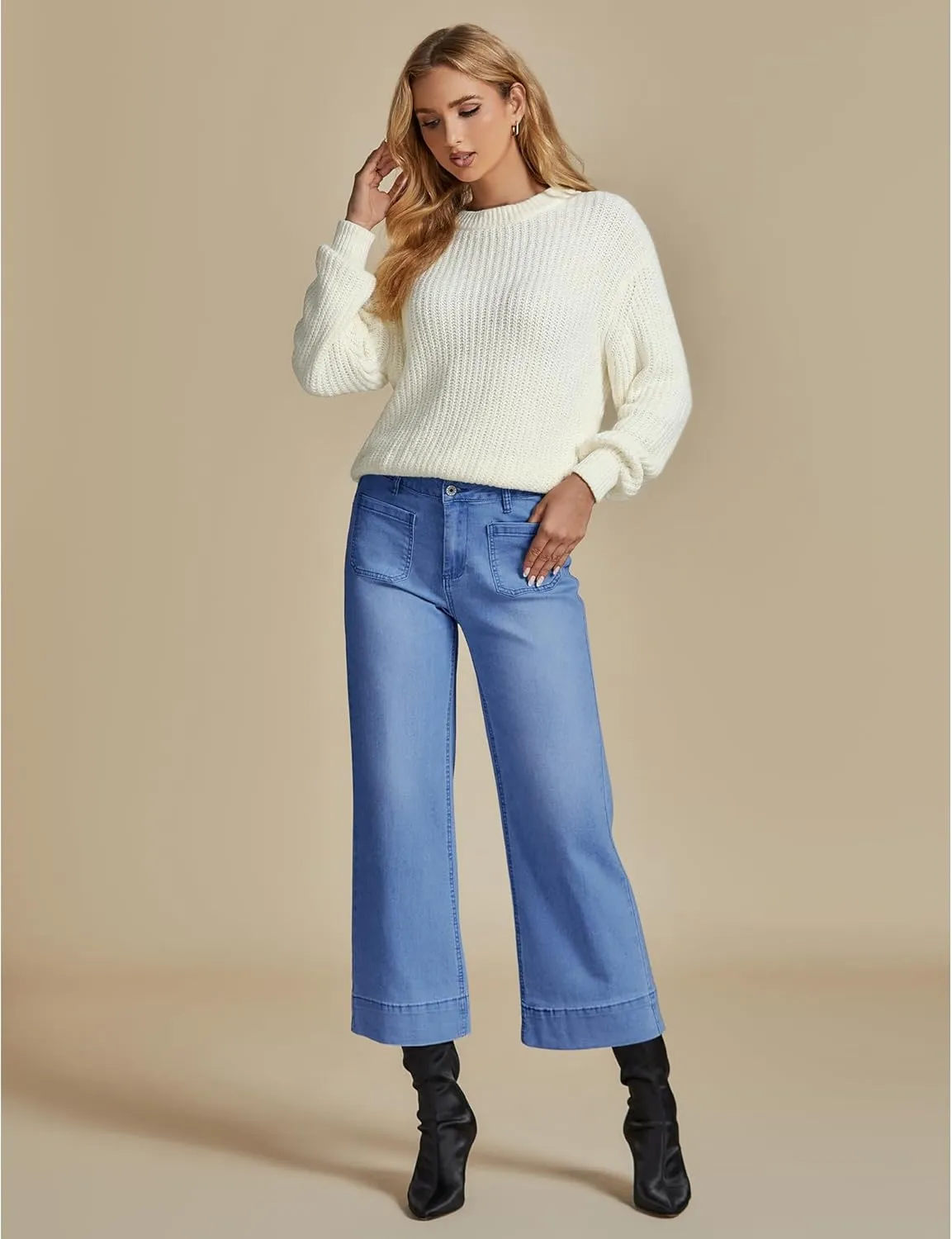 LookbookStore Wide Leg Cropped Jeans for Women High Waisted Stretchy Denim Jean Pants Baggy Flare Trouser Jeans Pockets