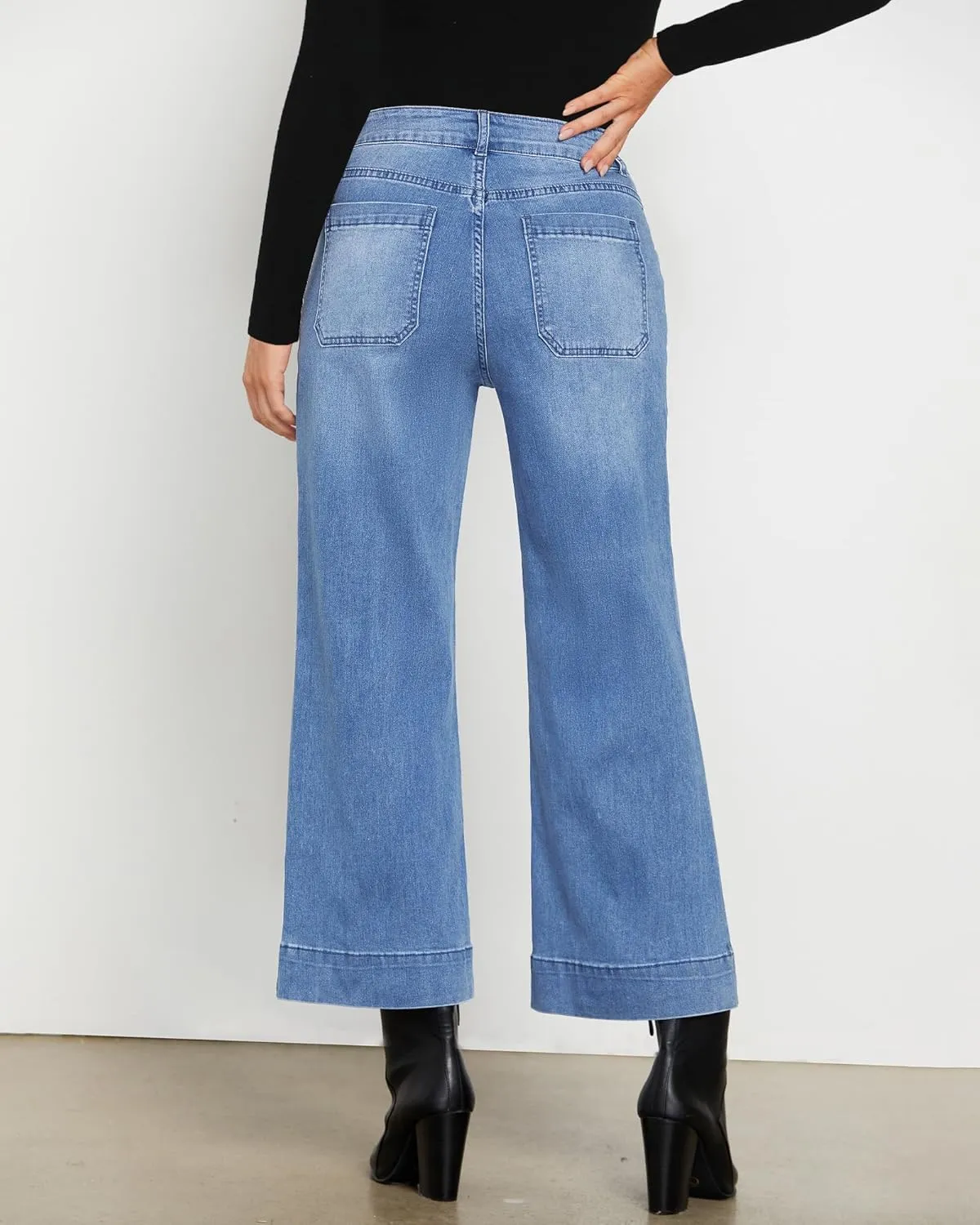 LookbookStore Wide Leg Cropped Jeans for Women High Waisted Stretchy Denim Jean Pants Baggy Flare Trouser Jeans Pockets