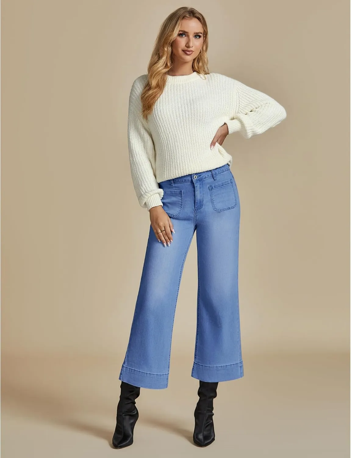 LookbookStore Wide Leg Cropped Jeans for Women High Waisted Stretchy Denim Jean Pants Baggy Flare Trouser Jeans Pockets