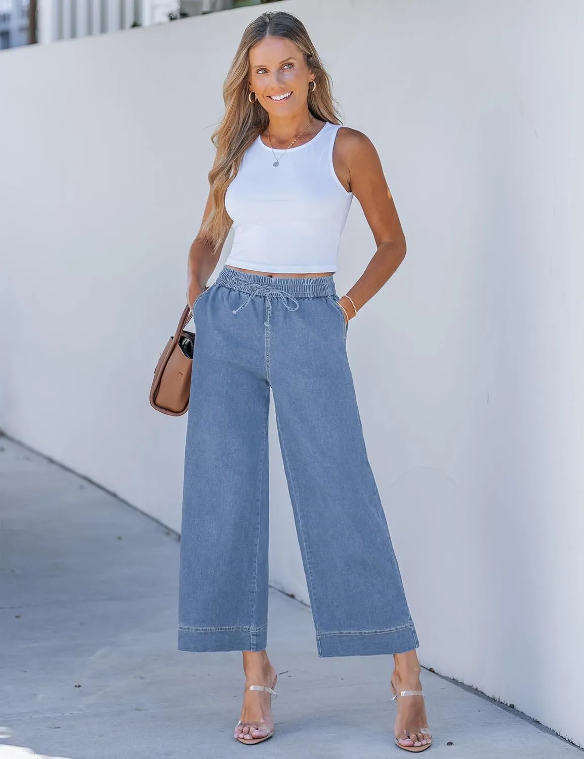luvamia Wide Leg Jeans for Women High Waisted Cropped Pull On Jeans Elastic Wasit Drawstring Stretch Denim Trouser Pants