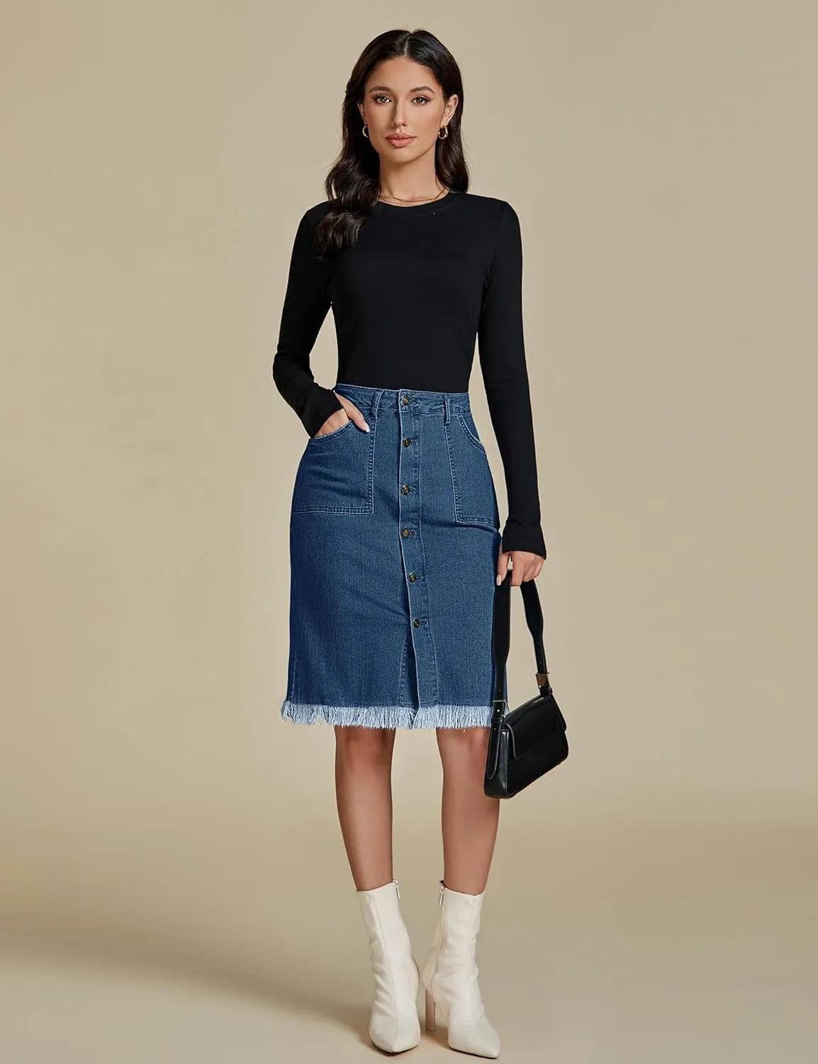 luvamia Women's Casual Mid Rise Button Down Frayed Raw Hem Denim Jean Midi Skirt