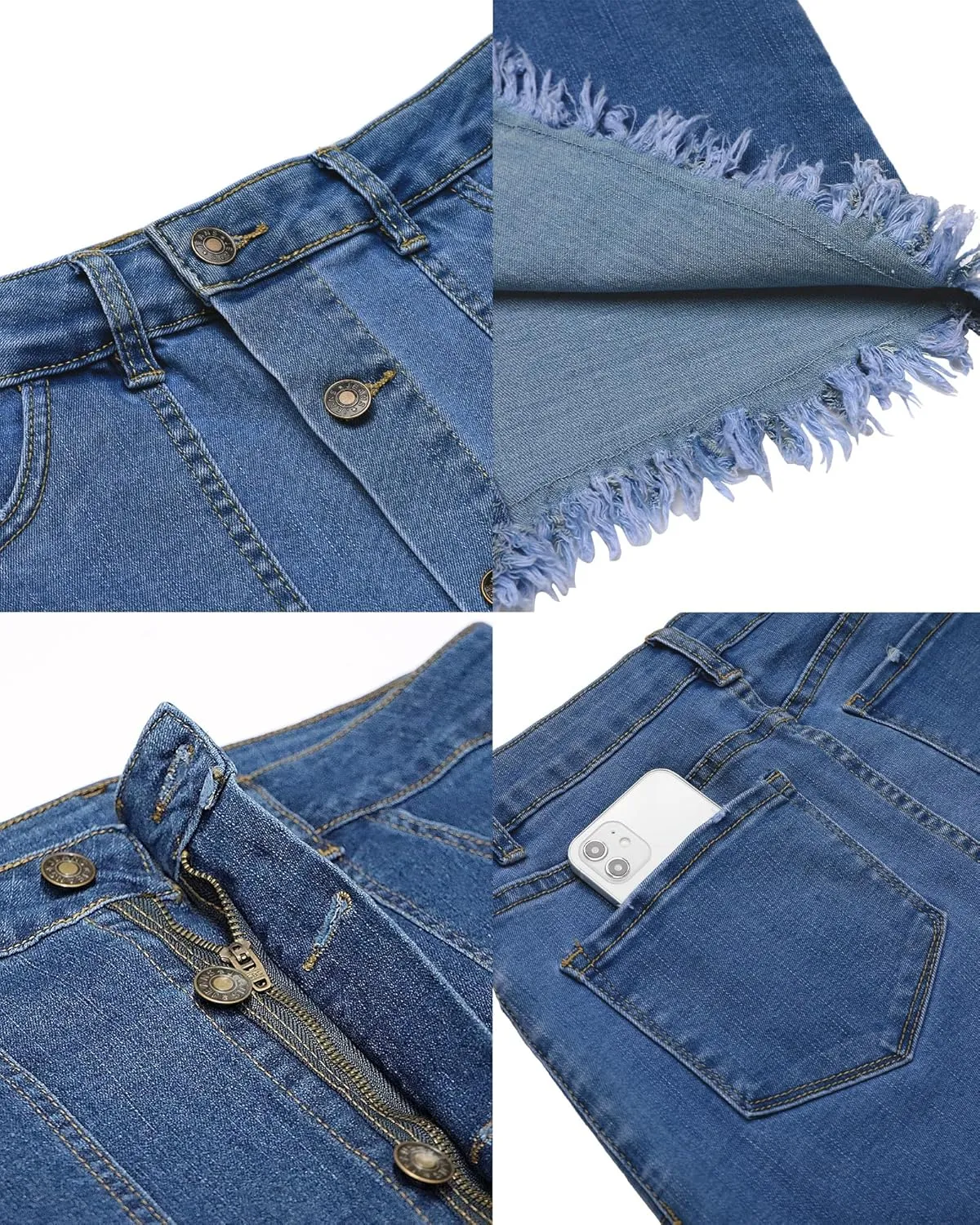 luvamia Women's Casual Mid Rise Button Down Frayed Raw Hem Denim Jean Midi Skirt