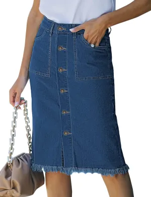 luvamia Women's Casual Mid Rise Button Down Frayed Raw Hem Denim Jean Midi Skirt