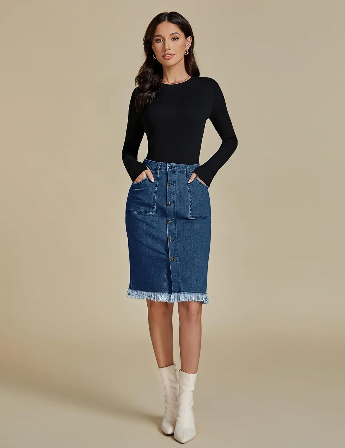 luvamia Women's Casual Mid Rise Button Down Frayed Raw Hem Denim Jean Midi Skirt