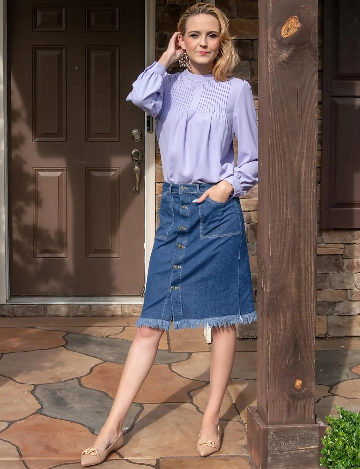 luvamia Women's Casual Mid Rise Button Down Frayed Raw Hem Denim Jean Midi Skirt