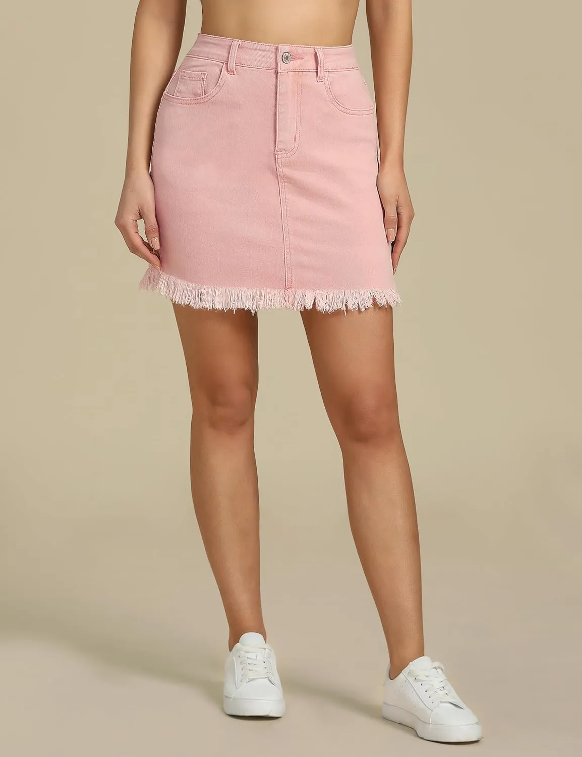 luvamia Women's Casual Mid Waisted Washed Frayed Pockets Denim Jean Short Skirt
