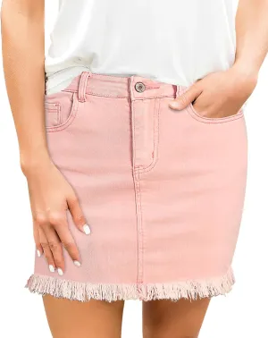 luvamia Women's Casual Mid Waisted Washed Frayed Pockets Denim Jean Short Skirt