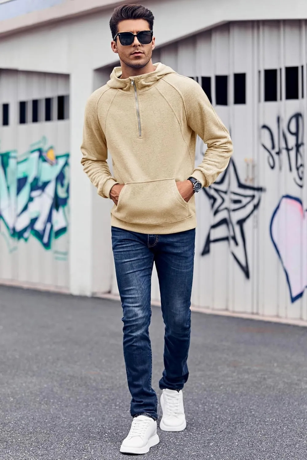 Makkrom Mens Quarter Zip Pullover Hoodies Casual Long Sleeve Basic Hooded Sweatshirt with Kanga Pocket
