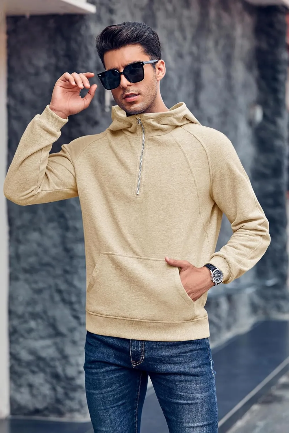 Makkrom Mens Quarter Zip Pullover Hoodies Casual Long Sleeve Basic Hooded Sweatshirt with Kanga Pocket