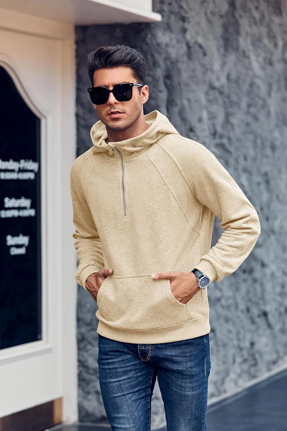Makkrom Mens Quarter Zip Pullover Hoodies Casual Long Sleeve Basic Hooded Sweatshirt with Kanga Pocket
