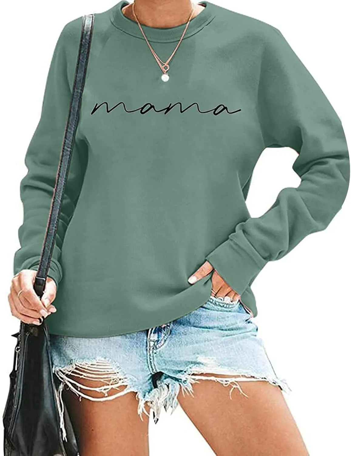 Mama Sweatshirt for Women Letter Print Graphic Top Oversized Crewneck Long Sleeve Sweatshirts Lightweight Pullover