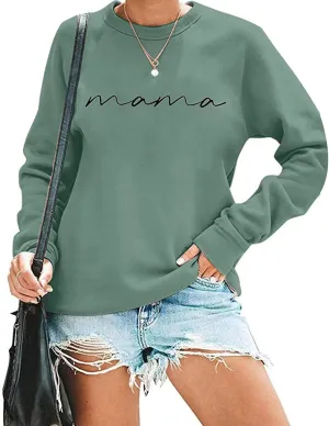 Mama Sweatshirt for Women Letter Print Graphic Top Oversized Crewneck Long Sleeve Sweatshirts Lightweight Pullover