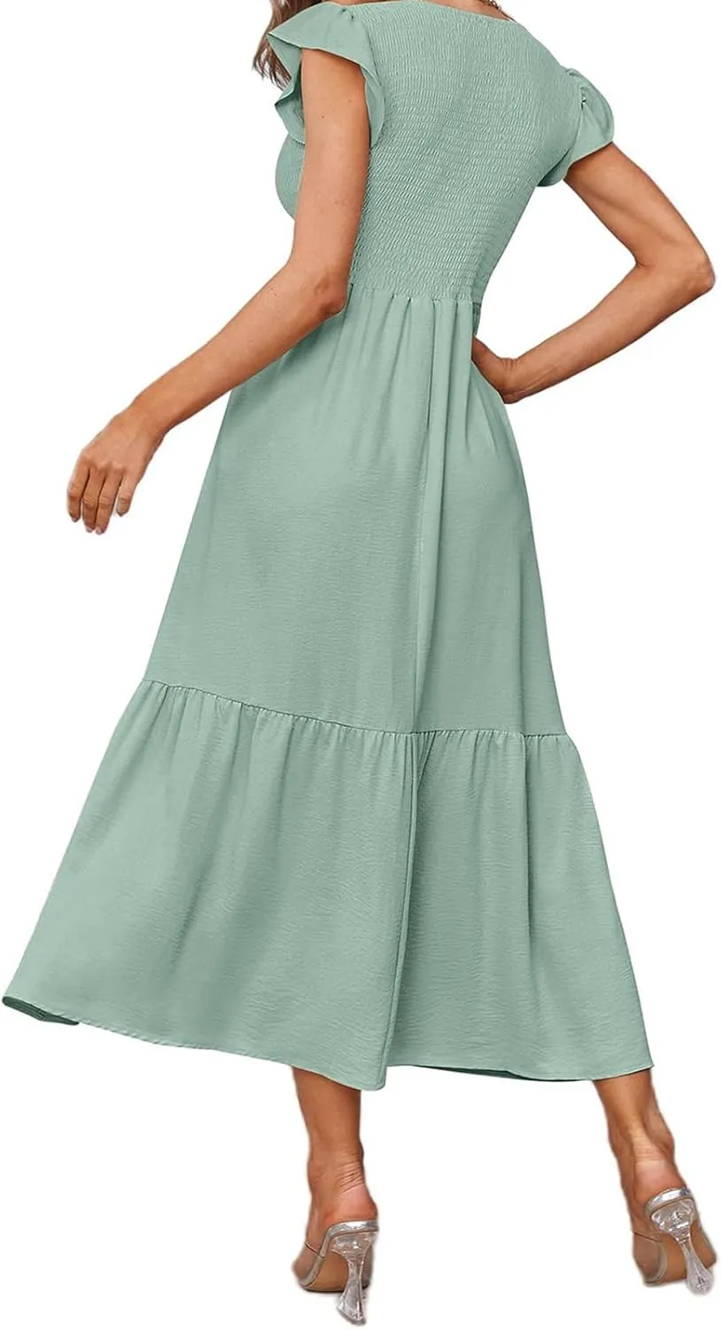 Maxi Dresses for Women 2025 Ruffle Sleeve Crewneck Maxi Casual Dressy Waist Dresses Summer Swing Modest Dress