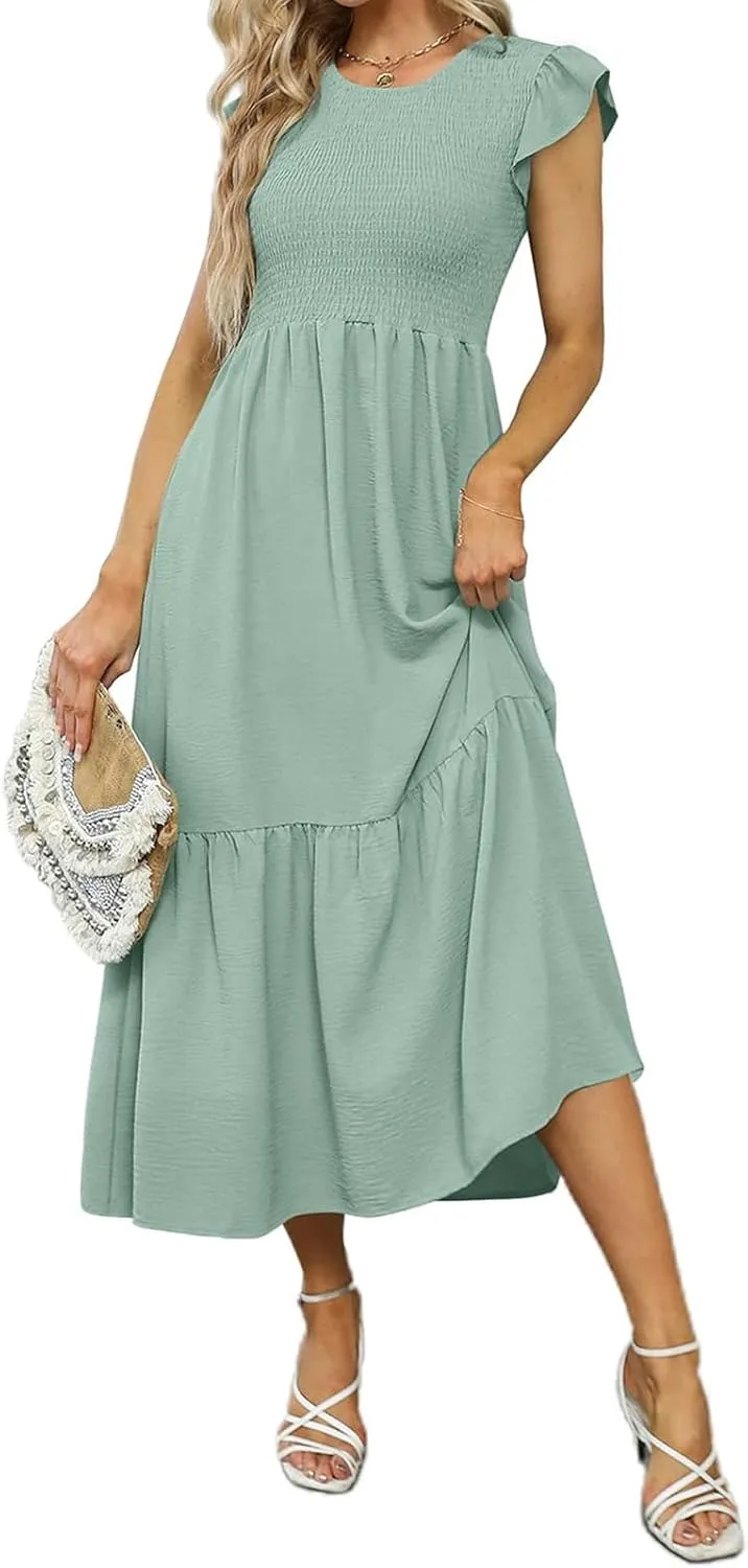 Maxi Dresses for Women 2025 Ruffle Sleeve Crewneck Maxi Casual Dressy Waist Dresses Summer Swing Modest Dress
