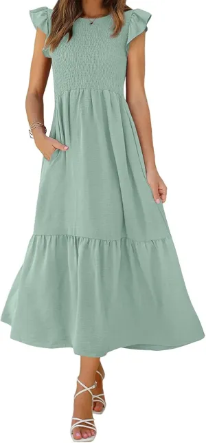 Maxi Dresses for Women 2025 Ruffle Sleeve Crewneck Maxi Casual Dressy Waist Dresses Summer Swing Modest Dress
