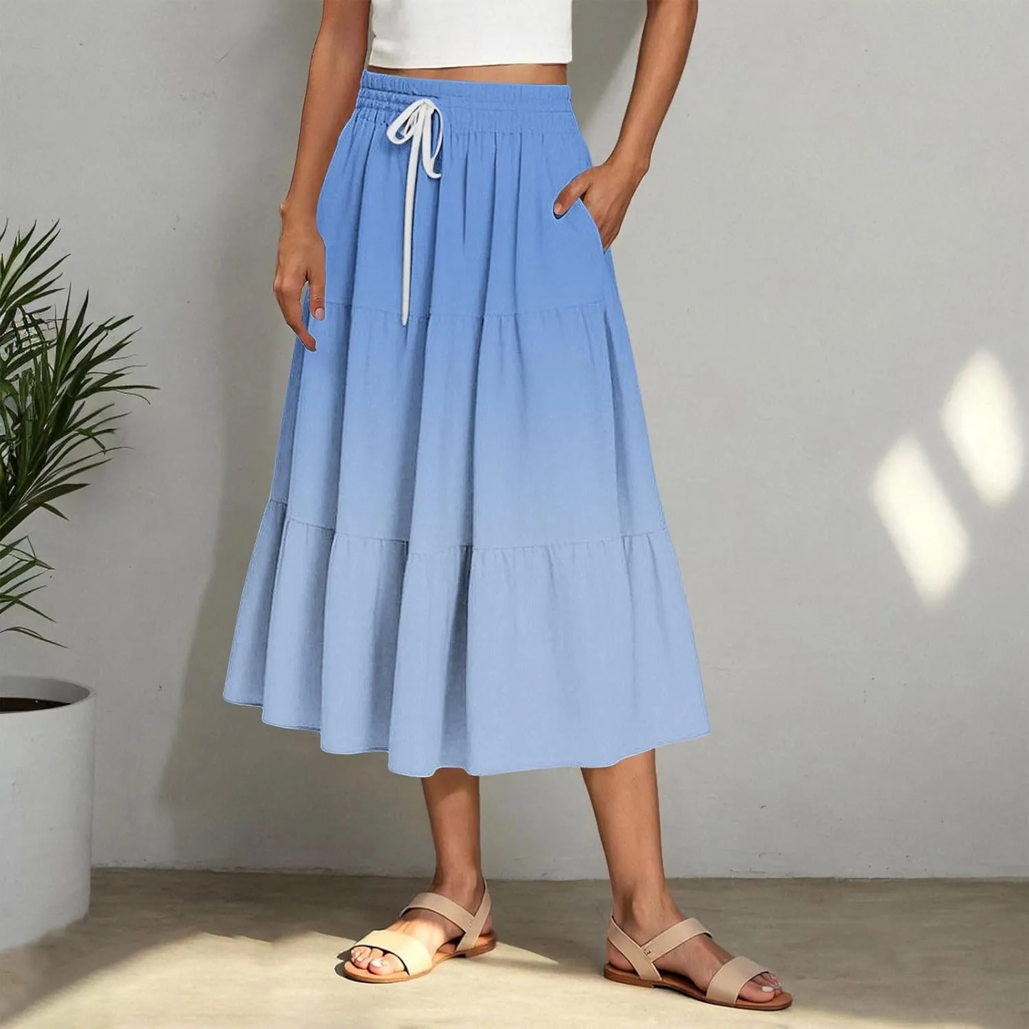 Maxi Skirt for Women Summer Gradient Elastic High Waist Pleated A-Line Flowy Ruffle Swing Tiered Long Beach Skirts