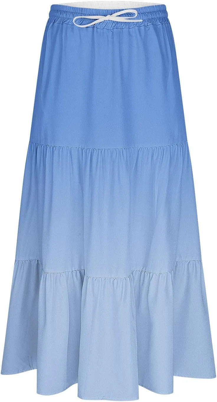 Maxi Skirt for Women Summer Gradient Elastic High Waist Pleated A-Line Flowy Ruffle Swing Tiered Long Beach Skirts