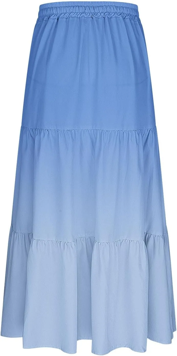 Maxi Skirt for Women Summer Gradient Elastic High Waist Pleated A-Line Flowy Ruffle Swing Tiered Long Beach Skirts