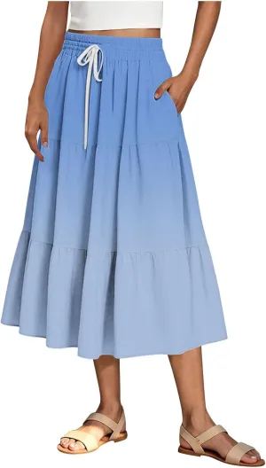 Maxi Skirt for Women Summer Gradient Elastic High Waist Pleated A-Line Flowy Ruffle Swing Tiered Long Beach Skirts