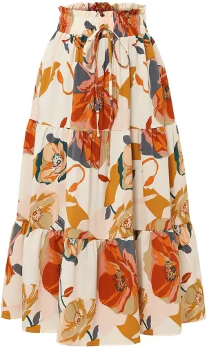 Maxi Skirts for Women Boho Floral Print Tiered Flowy Skirt Vacation Elastic Drawstring Waist A Line Pleated Skirt