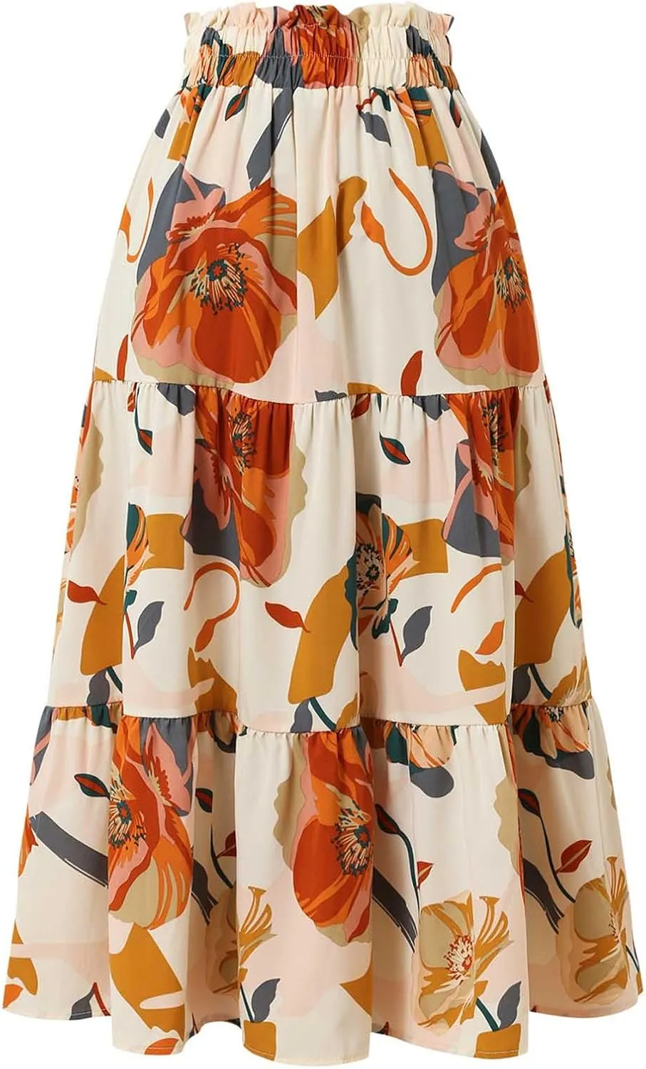 Maxi Skirts for Women Boho Floral Print Tiered Flowy Skirt Vacation Elastic Drawstring Waist A Line Pleated Skirt