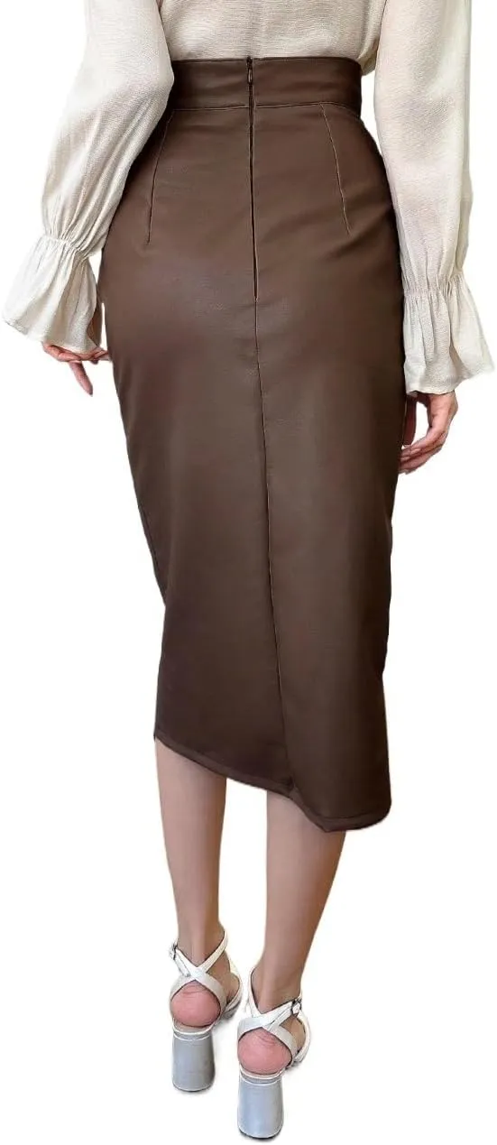 Maxi Skirts for Women High Waist Slit PU Leather Skirt