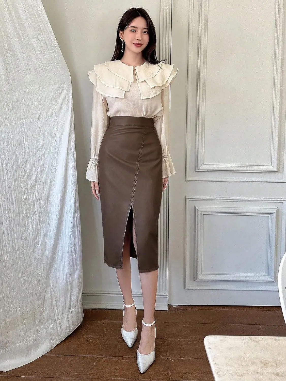 Maxi Skirts for Women High Waist Slit PU Leather Skirt