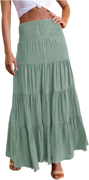 Maxi Skirts for Women Summer Boho A-Line Flowy Ruffle Tiered Elastic High Waist Beach Long Skirts with Pockets