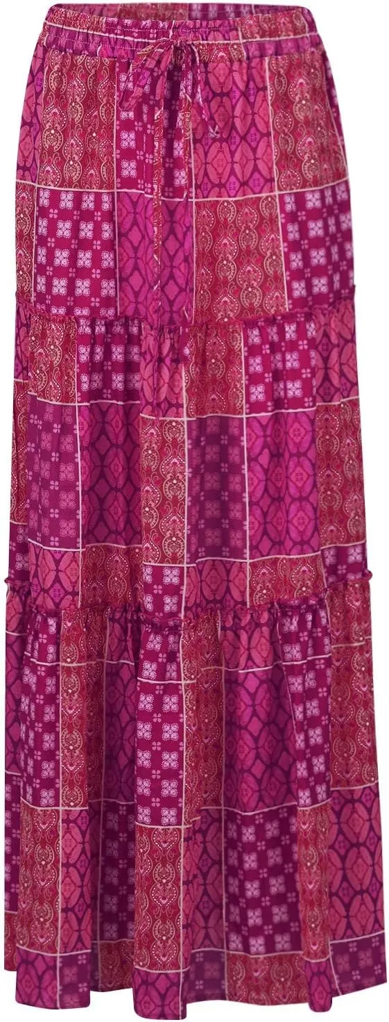 Maxi Skirts for Women Summer Boho A-Line Flowy Ruffle Tiered Elastic High Waist Beach Long Skirts with Pockets