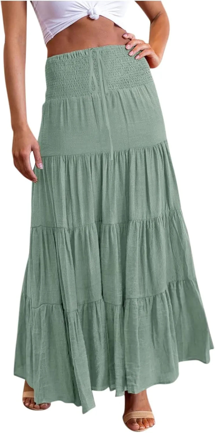 Maxi Skirts for Women Summer Boho A-Line Flowy Ruffle Tiered Elastic High Waist Beach Long Skirts with Pockets